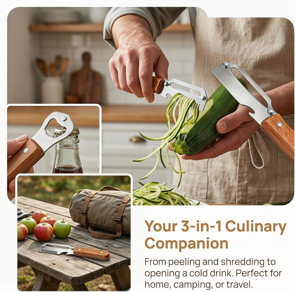 Link Lift Shop 2026 3-in-1 Veg Peeler with wood handle, stainless steel wide blade, scallion shredder, and bottle opener for kitchen and camping