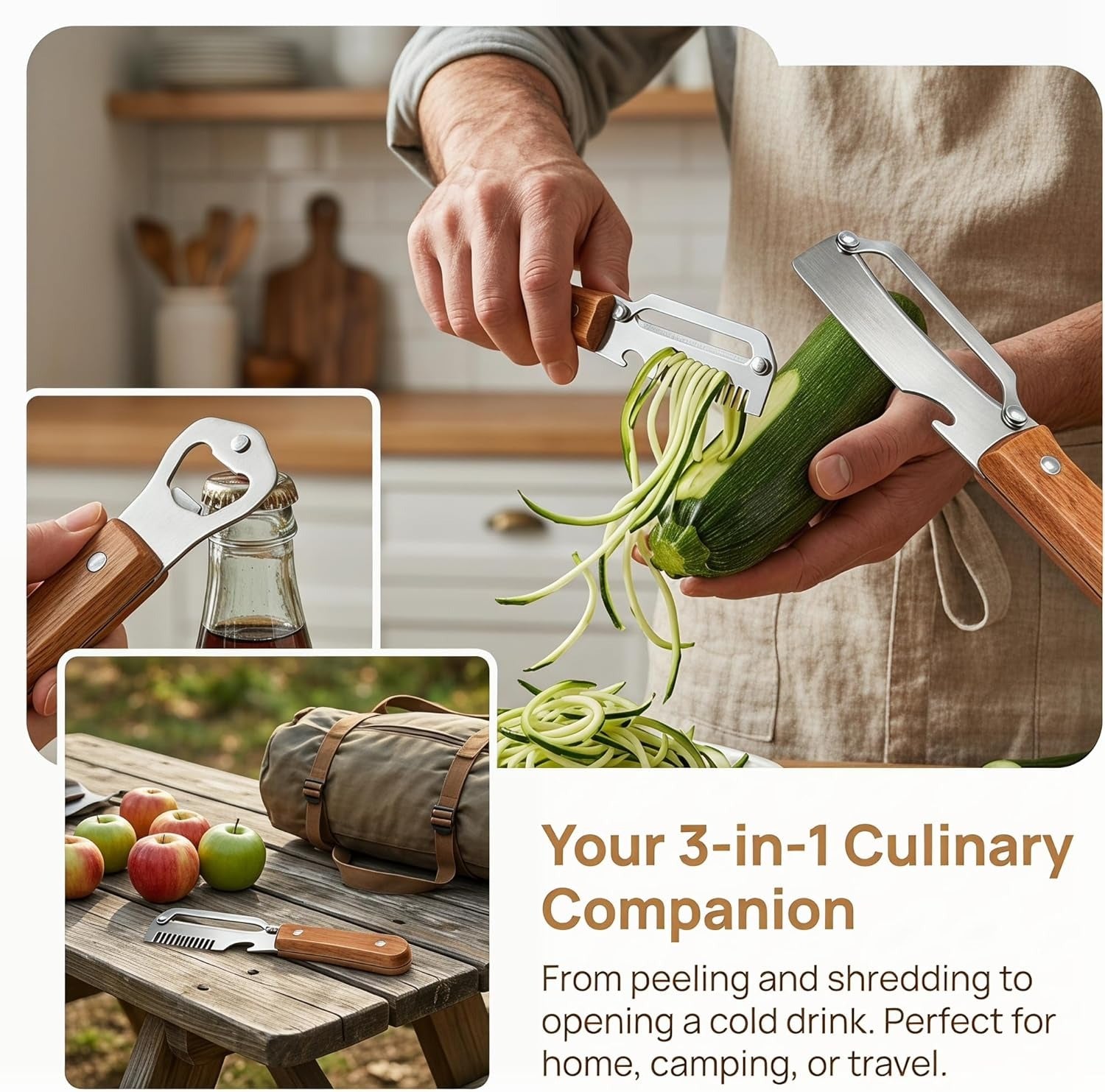 Link Lift Shop 2026 3-in-1 Veg Peeler with wood handle, stainless steel wide blade, scallion shredder, and bottle opener for kitchen and camping
