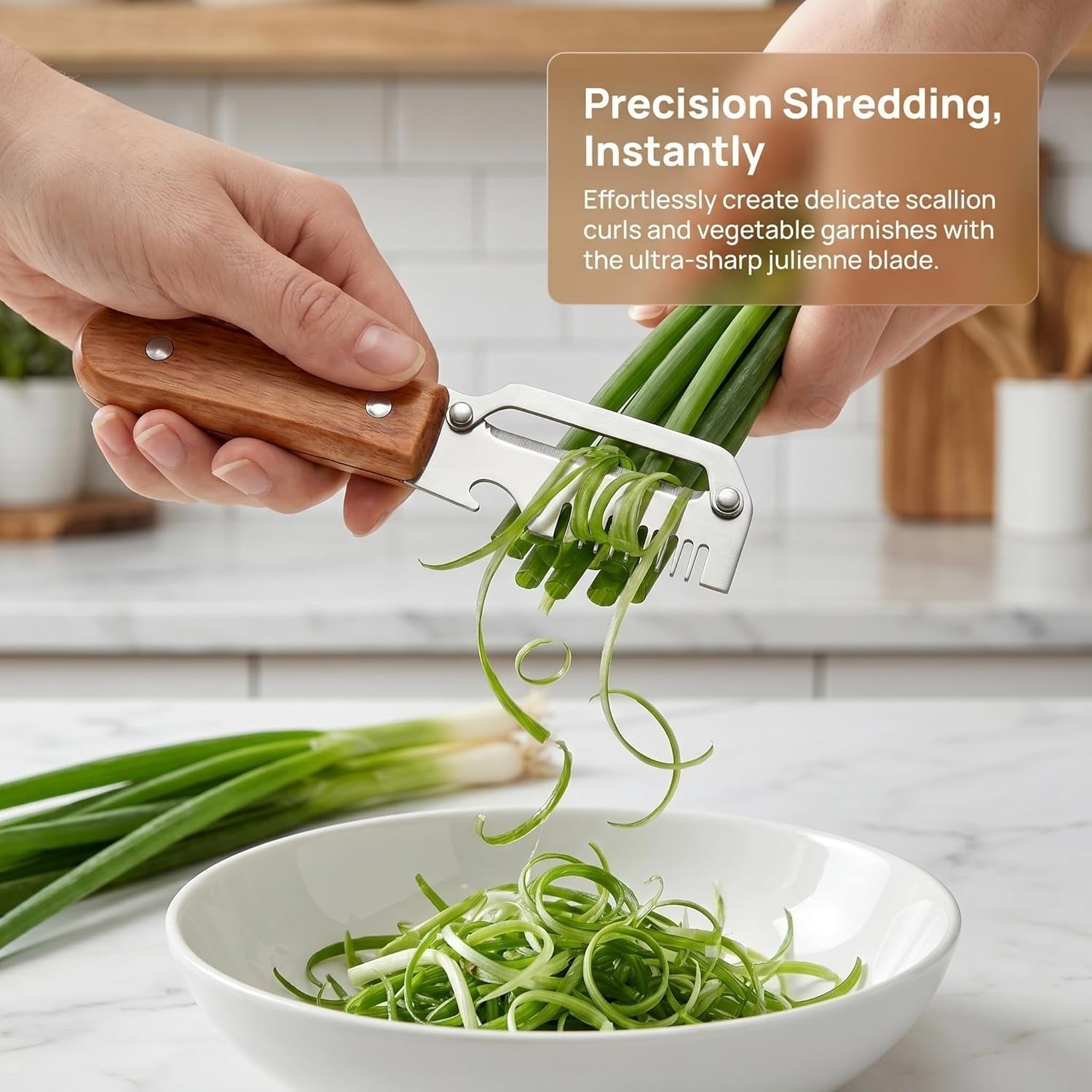Link Lift Shop 2026 3-in-1 Veg Peeler with wood handle, stainless steel wide blade, scallion shredder, and bottle opener for kitchen use