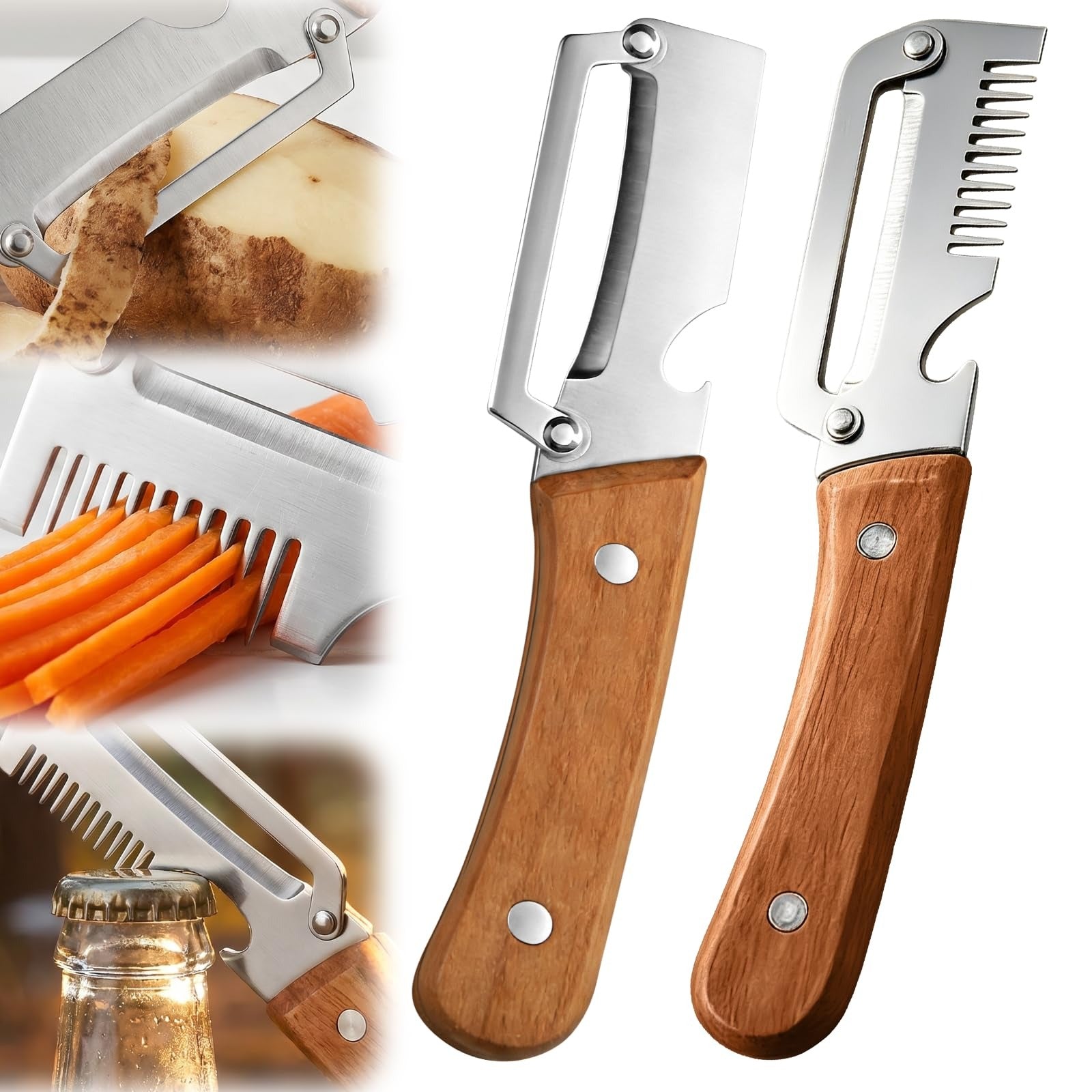 2026 Upgrade 3-in-1 vegetable peeler with wood handle, stainless steel wide blade, scallion shredder, and bottle opener for kitchen use