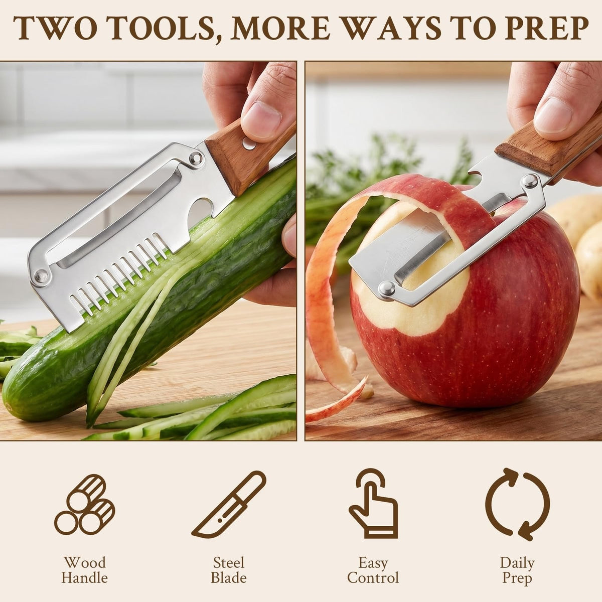 Link Lift Shop 3-in-1 vegetable peeler with wood handle, stainless steel wide blade, scallion shredder, and bottle opener for kitchen use