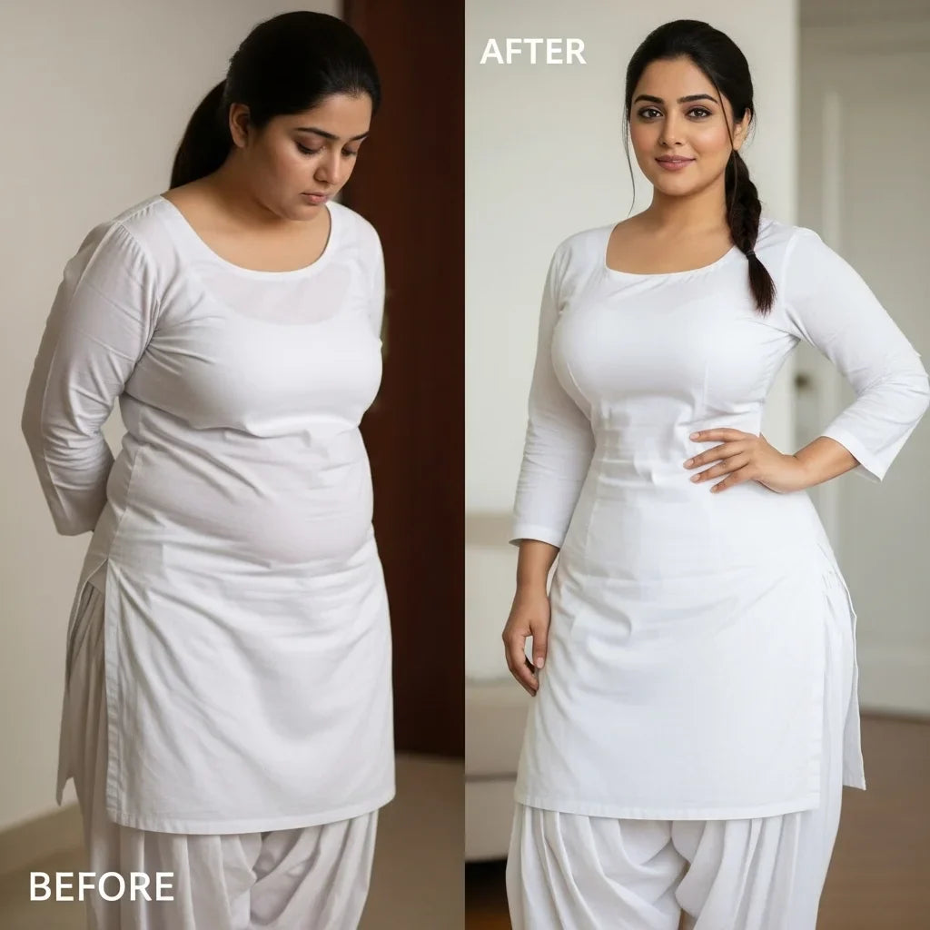 Seamless high-waist body shaper from Chic Flicks Shop with tummy and hip control, shown on a model for a smooth silhouette.